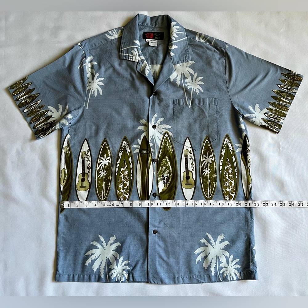 Hawaiian Surf Shirt Ali's Fashion Size Medium Light Blue Surf Board & Palm Trees - Picture 3 of 6